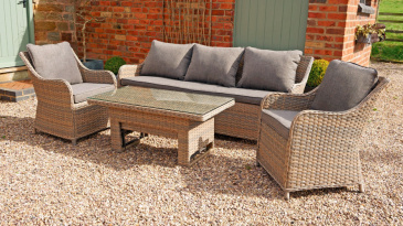 Liv Outdoors - Heritage 3 Seater sofa & 2 armchairs with rising table in Brown