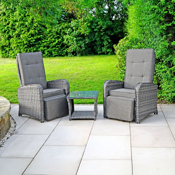 Liv Outdoors - Heritage 2 Reclining Armchair and Table Rattan Bistro Set in Grey
