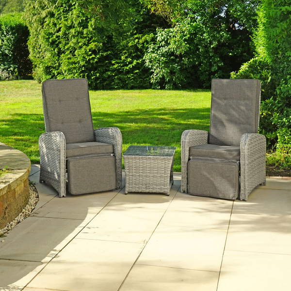 Liv Outdoors - Heritage 2 Reclining Armchair and Table Rattan Bistro Set in Light Grey
