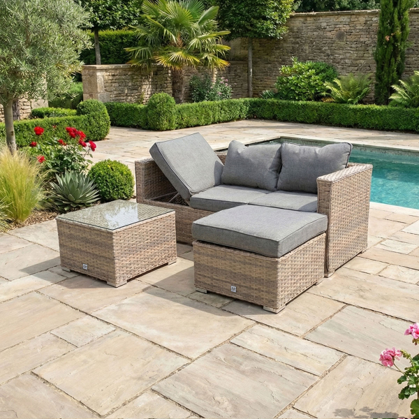 Liv Outdoors - Heritage 3 Seater Recliner Sofa with Footstool and Table in Brown