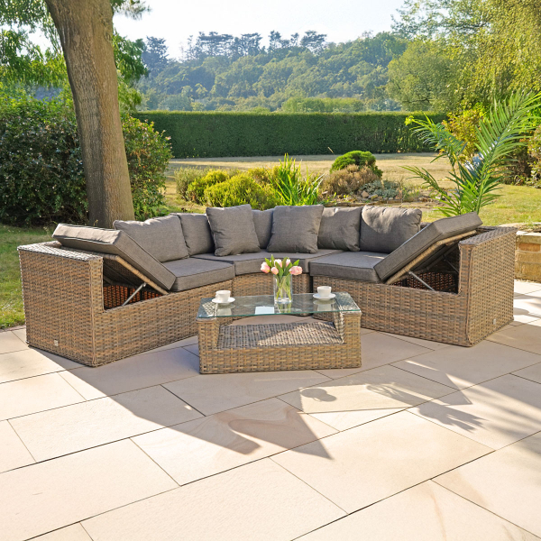 Liv Outdoors - Heritage 2.5m x 2.5m Curved corner sofa with coffee table in Brown