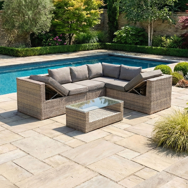 Liv Outdoors - Heritage 2.5m x 2m Recliner corner sofa with coffee table in Brown