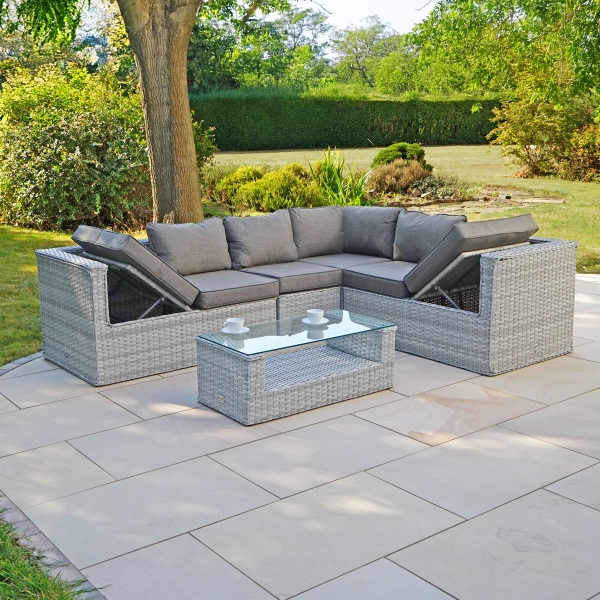 Liv Outdoors - Heritage 2.5m x 2m Recliner corner sofa with coffee table in Light Grey