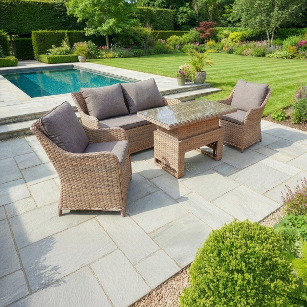 Liv Outdoors - Heritage Rattan 2 Seater Sofa & 2 Armchairs with Rising Table in Brown