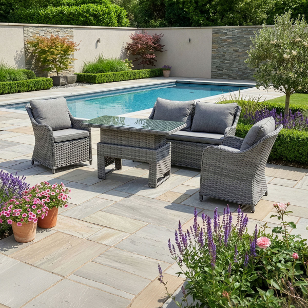 Liv Outdoors - Heritage Rattan 2 Seater Sofa & 2 Armchairs with Rising Table in Grey
