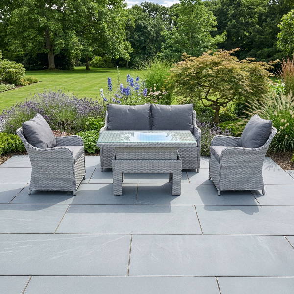Liv Outdoors - Heritage Rattan 2 Seater Sofa & 2 Armchairs with Rising Table in Light Grey