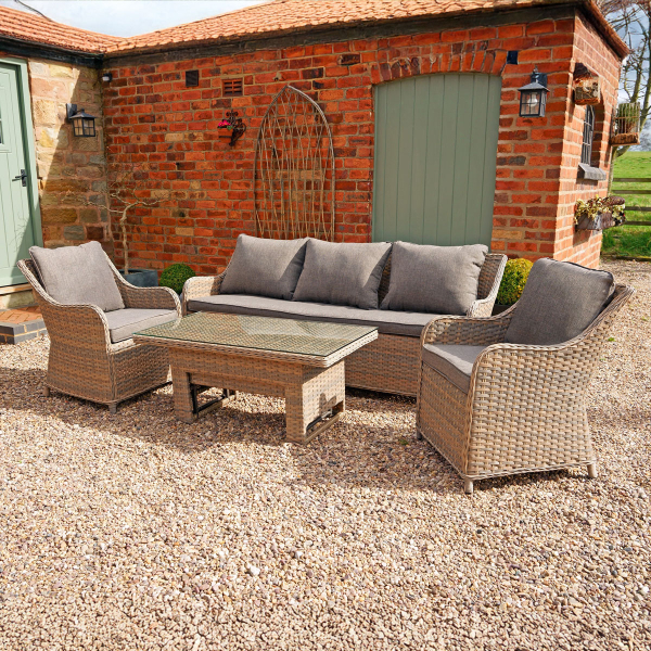Liv Outdoors - Heritage Rattan 3 Seater Sofa & 2 Armchairs with Rising Table