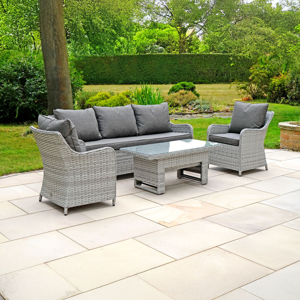 Liv Outdoors - Heritage 3 Seater sofa & 2 armchairs with rising table in Light Grey