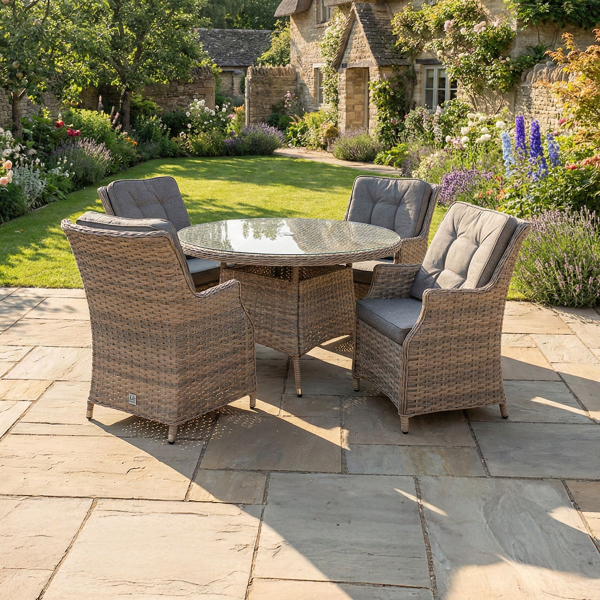 Liv Outdoors - Heritage 4 Seat Round Rattan Dining Set in Brown