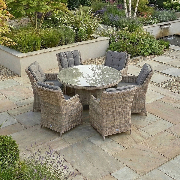 Liv Outdoors - Heritage 6 Seat 1.3m Round Rattan Dining Set in Brown