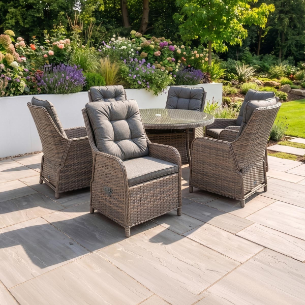 Liv Outdoors - Heritage Rattan 6 Seat Recliner Round Dining Set in Brown