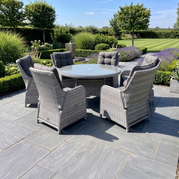 Liv Outdoors - Heritage Rattan 6 Seat Recliner Round Dining Set in Light Grey