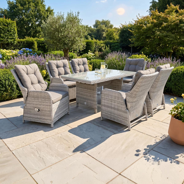 Liv Outdoors - Heritage Rattan 6 Seat Recliner Rectangular Dining Set in Light Grey
