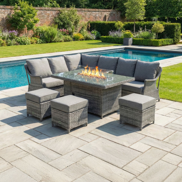 Liv Outdoors - Heritage Rattan Sofa Dining Set with Large Fire Pit Table in Grey