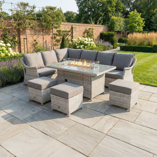 Liv Outdoors - Heritage Rattan Sofa Dining Set with Large Fire Pit Table in Light Grey