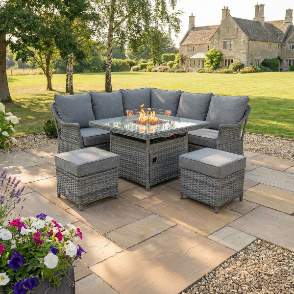 Liv Outdoors - Heritage Rattan Sofa Dining Set with Square Fire Pit Table