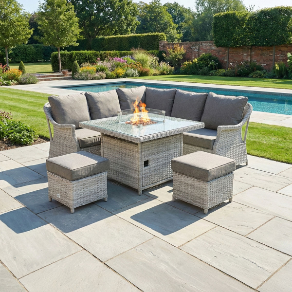 Liv Outdoors - Heritage Rattan Sofa Dining Set with Square Fire Pit Table in Light Grey