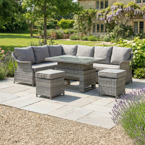 Liv Outdoors – Heritage Corner sofa dining set with rising table in Grey