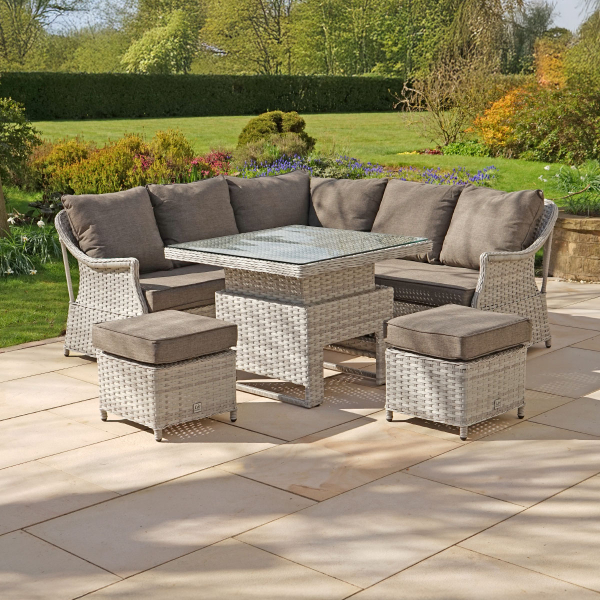 Liv Outdoors - Heritage corner sofa dining set with square rising table in Light Grey