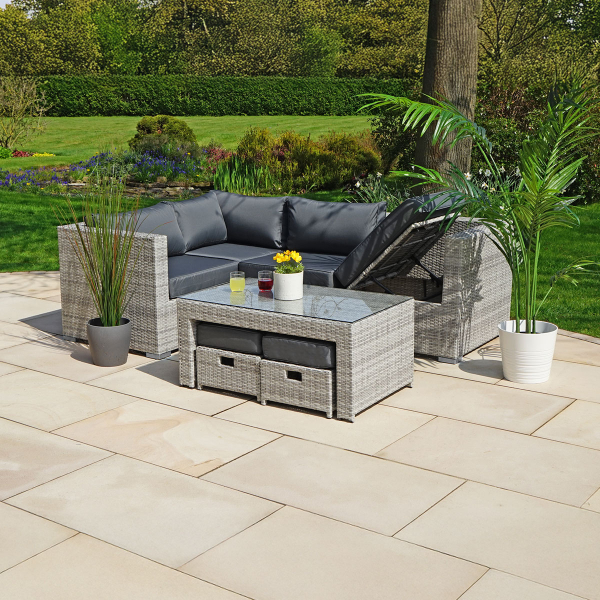 Liv Outdoors - Kingston Corner Recliner Rattan Sofa with Table & Stools - 218CM X 152cm - Light Grey