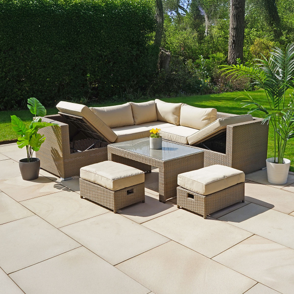 Liv Outdoors - Kingston Corner Recliner Rattan Sofa with Table & 2 Stools - 218 x 218cm - Brown