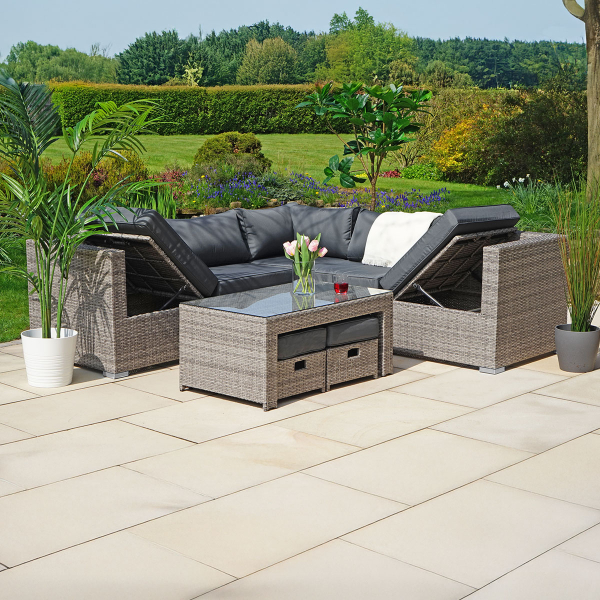 Liv Outdoors - Kingston Corner Recliner Rattan Sofa Set & Stools - 218 x 218cm in Grey