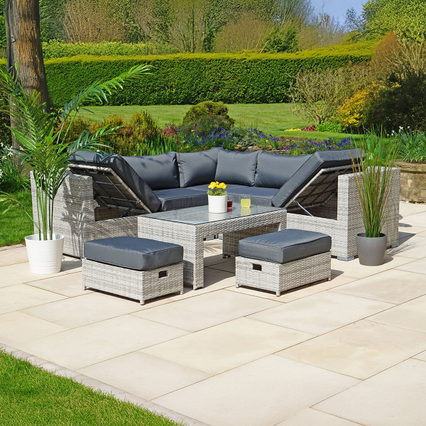 Liv Outdoors - Kingston Corner Recliner Rattan Sofa with Table & Stools - 218 x 218cm - Light Grey