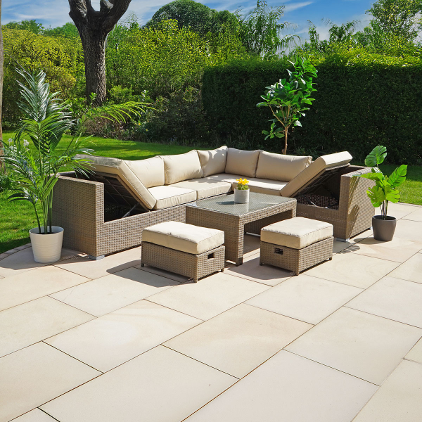 Liv Outdoors - Kingston Corner Recliner Rattan Sofa with Table & Stools - 284 x 218cm - Brown