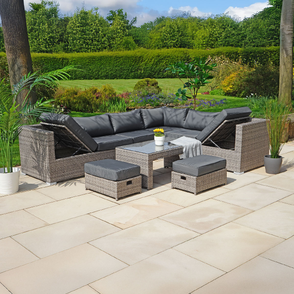 Liv Outdoors - Kingston Corner Recliner Rattan Sofa Set & Stools - 284 x 218cm
