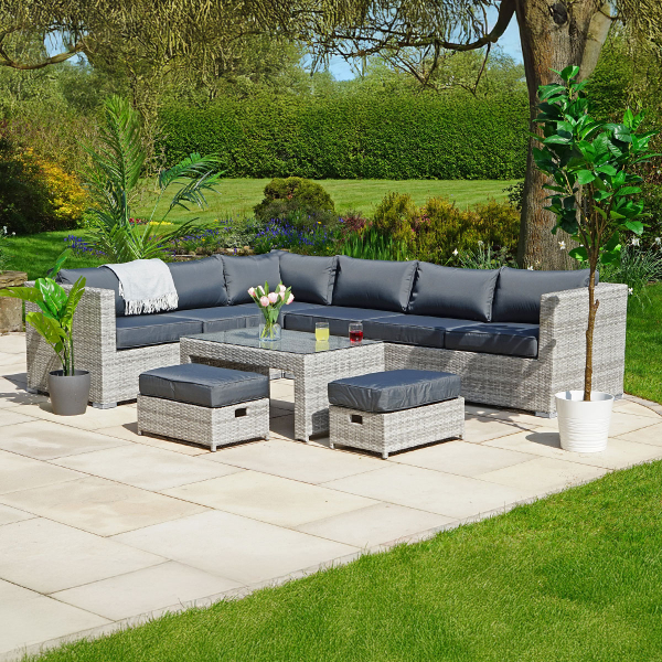 Liv Outdoors - Kingston Corner Recliner Rattan Sofa with Table & Stools - 284 x 218cm - Light Grey