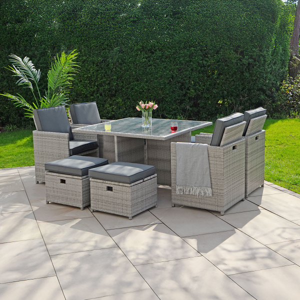 Liv Outdoors - Kingston Rattan Cube Dining Set - 8 Seat in Light Grey & Cover