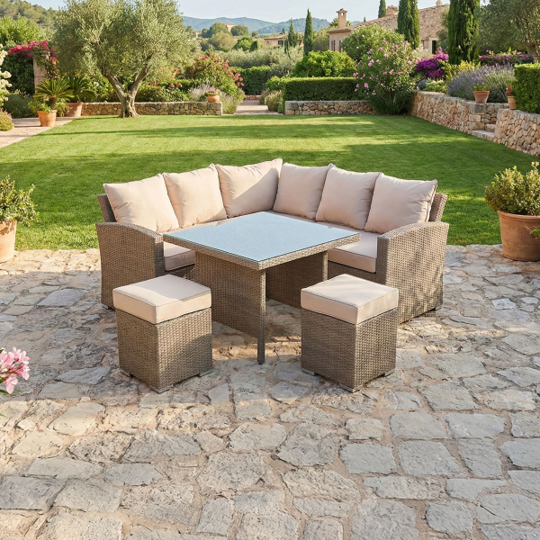 Liv Outdoors - Kingston Rattan Sofa Dining Set with Square Table in Brown