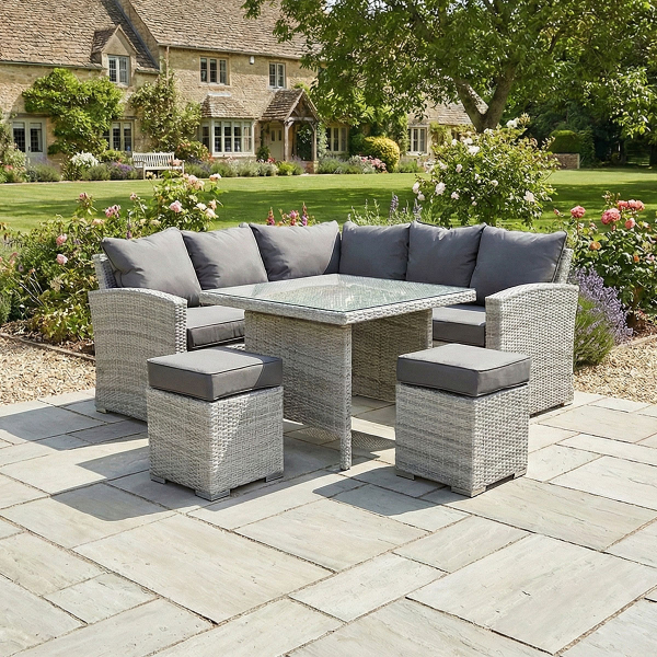 Liv Outdoors - Kingston Rattan Sofa Dining Set with Square Table in Light Grey