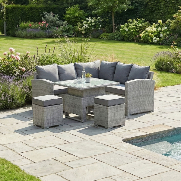 Liv Outdoors - Kingston Rattan Sofa Dining Set with Square Rising Table in Light Grey