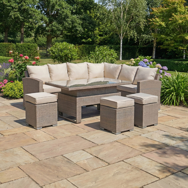 Liv Outdoors - Kingston Rattan Sofa Dining Set with Large Rising Table 245cm x 185cm in Brown