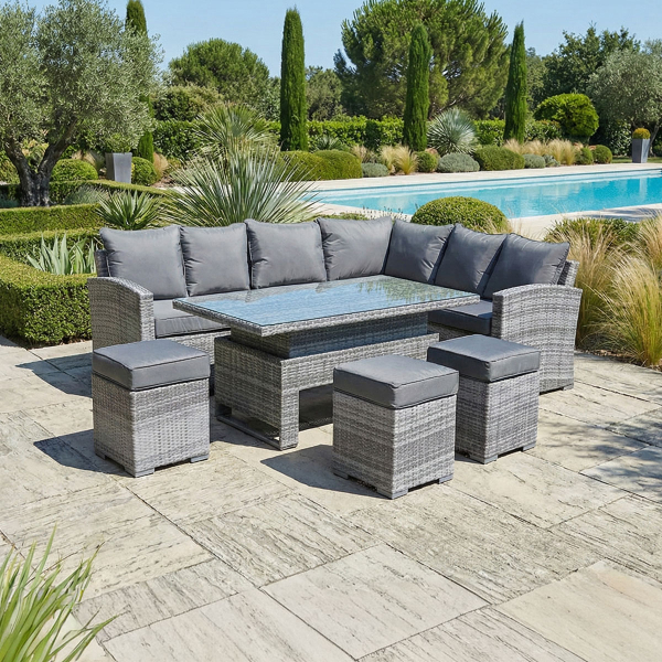 Liv Outdoors - Kingston Rattan Sofa Dining Set with Large Rising Table 245cm x 185cm