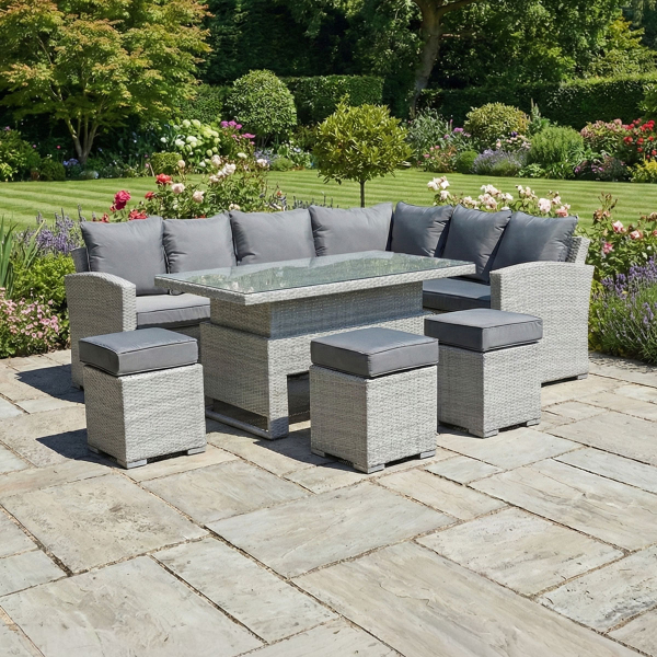 Liv Outdoors - Kingston Rattan Sofa Dining Set with Large Rising Table 245cm x 185cm in Light Grey