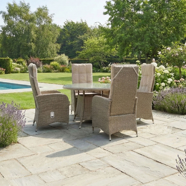 Liv Outdoors - Kingston 4 Seat Recliner Round Rattan Dining Set in Brown