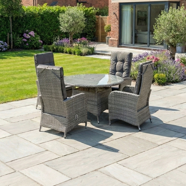 Liv Outdoors - Kingston 4 Seat Recliner Round Rattan Dining Set in Grey