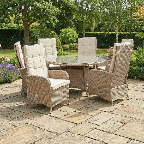 Liv Outdoors - Kingston 6 Seat Recliner Round Rattan Dining Set in Brown