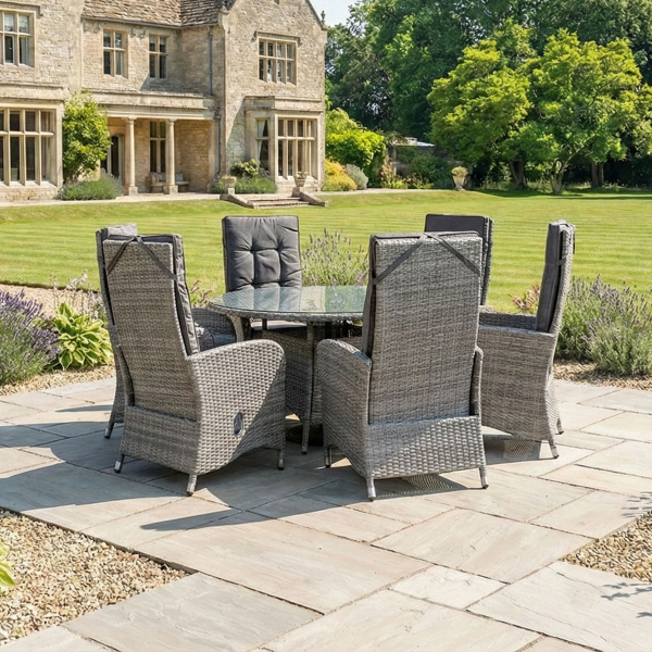 Liv Outdoors - Kingston 6 Seat Recliner Round Rattan Dining Set in Grey