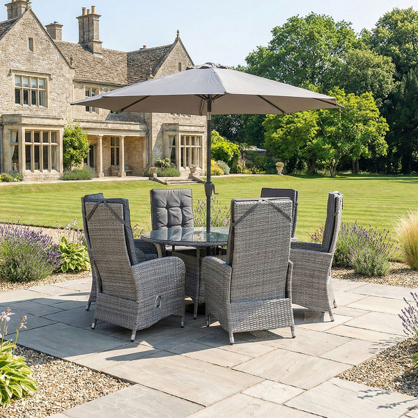 Liv Outdoors - Kingston 6 Seat Recliner Round Rattan Dining Set