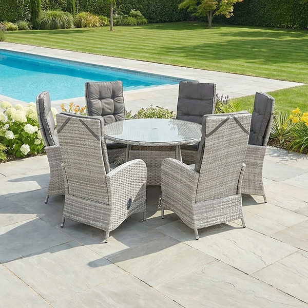 Liv Outdoors - Kingston 6 Seat Recliner Round Rattan Dining Set in Light Grey