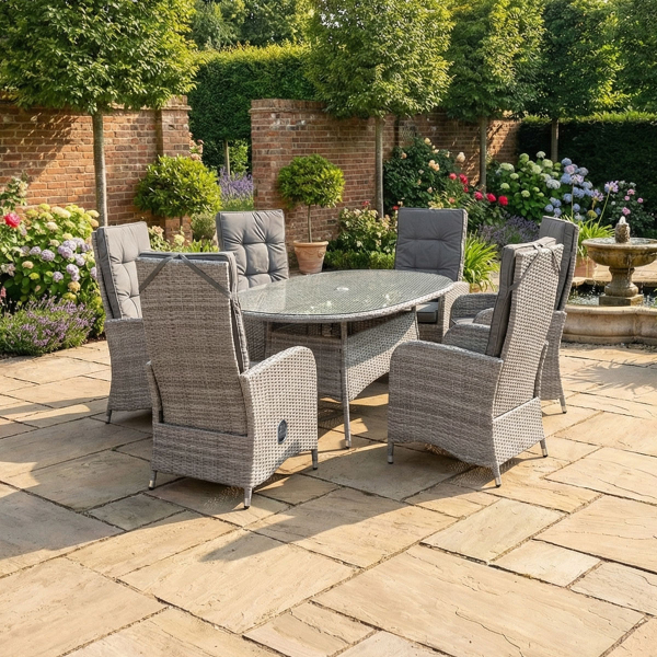 Liv Outdoors - Kingston 6 Seat Recliner Oval Rattan Dining Set in Grey