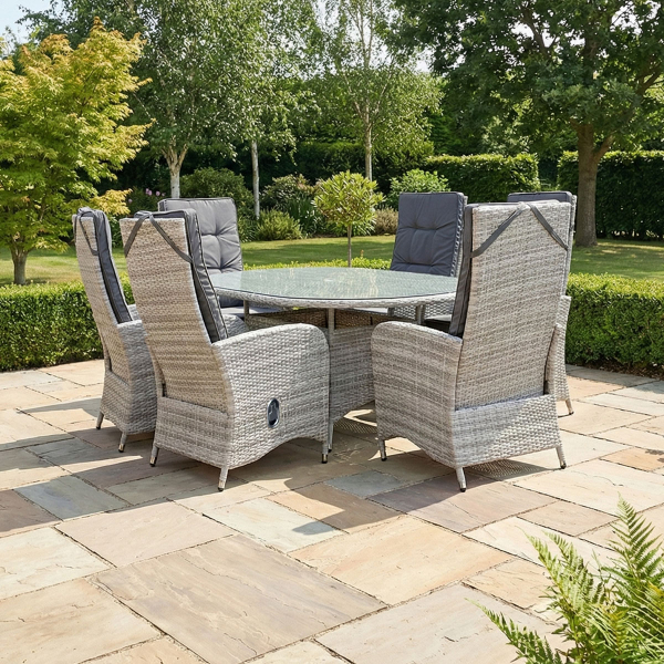 Liv Outdoors - Kingston 6 Seat Recliner Oval Rattan Dining Set in Light Grey