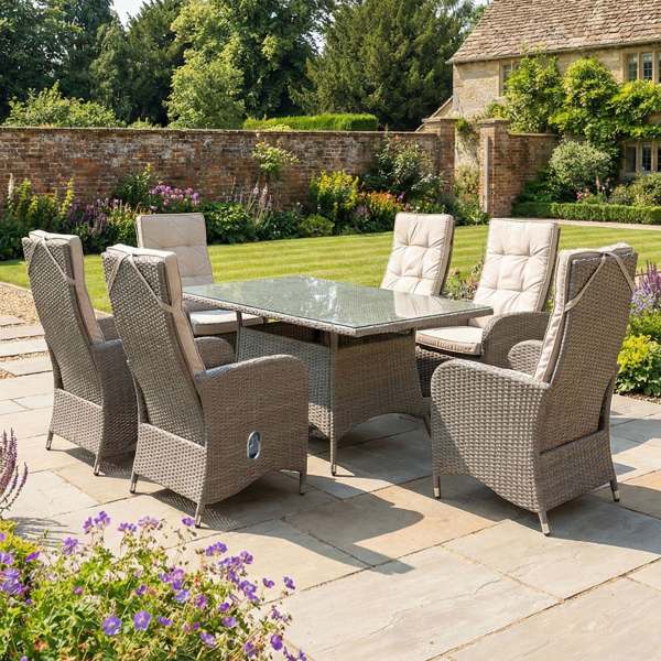 Liv Outdoors - Kingston 6 Seat Recliner Rectangular Rattan Dining Set in Brown