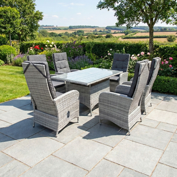 Liv Outdoors - Kingston 6 Seat Recliner Rectangular Rattan Dining Set in Light Grey
