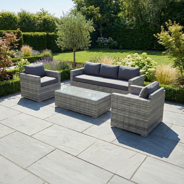 Liv Outdoors - Kingston Rattan 3 Seater Sofa and 2 Armchair Set in Grey