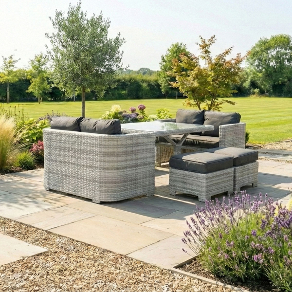 Liv Outdoors - Kingston 8 Seat Rounded Sofa Cube Dining Set in Light Grey