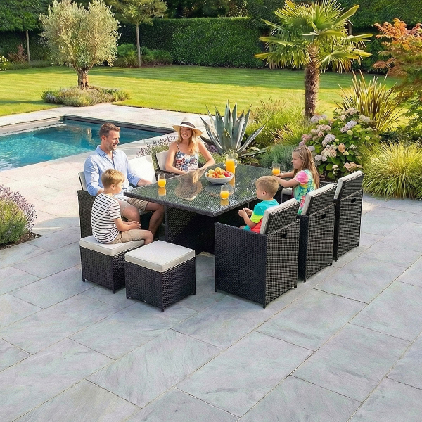 Harts - Premium 10 Seat Rattan Cube Dining Set in Black